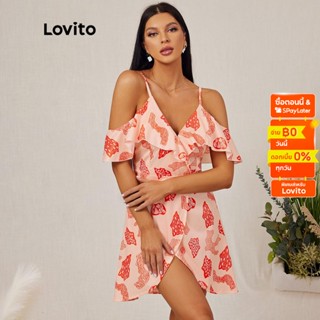 Lovito ชุดเดรส สายสปาเก็ตตี้ โชว์ไหล่ คอวี ชายระบาย พร้อมเข็มขัด สไตล์ลำลอง L18E025 (สีส้มอ่อน)