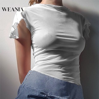 Weania เสื้อยืดซีทรู แขนสั้น ลําลอง ผ้าตาข่าย แต่งระบาย สําหรับผู้หญิง