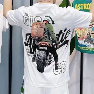 baju t bersaiz besar menbaju Motosikal Retro Lengan Pendek Gaya Amerika Lelaki S T-Shirt Leher Bulat Vibrato Dengan_03