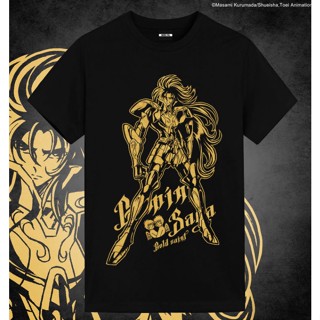 เสื้อยืดแขนสั้น ผ้าฝ้าย พิมพ์ลายนักษัตร Saint Seiya สีทอง สําหรับผู้ชาย และผู้หญิง