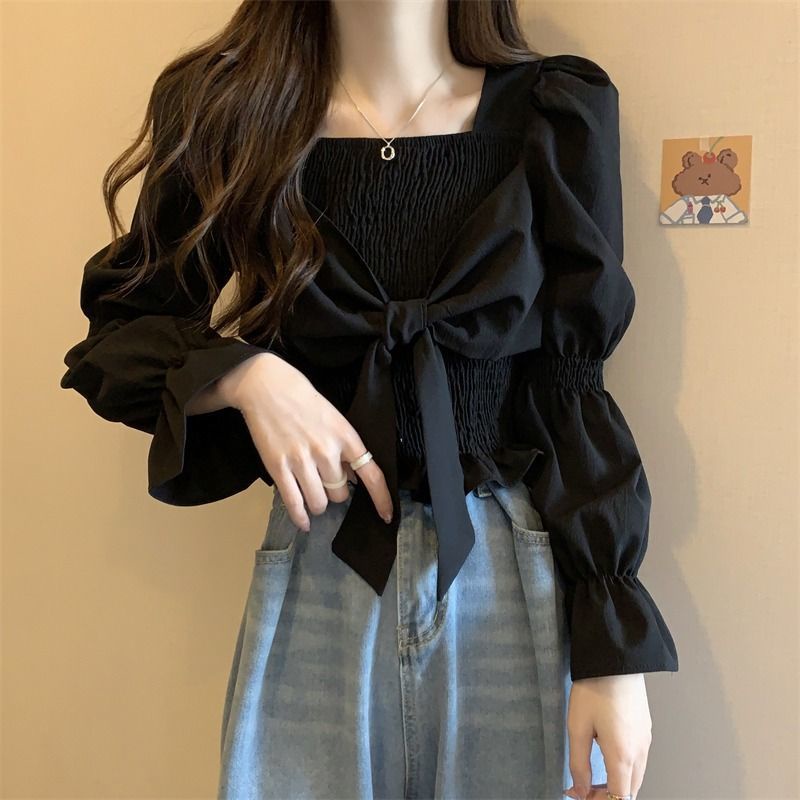 Classy .girl～เสื้อเชิ้ต ฝรั่งเศสผีเสื้อปมรุ่นสั้นเสื้อเชิ้ตแขนยาว มีสไตล์และชั้นสูงดูผอมบางเสื้อเชิ้ต #DZ00062
