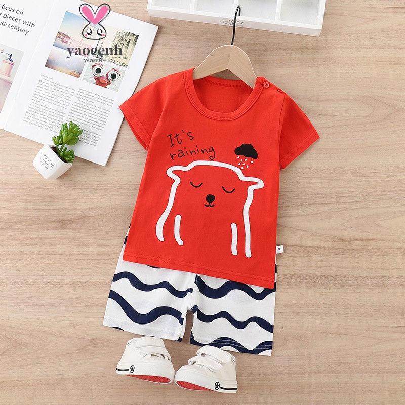 【YAOEENH】ชุดเสื้อแขนสั้น กางเกงขาสั้น ผ้าฝ้ายแท้ ขนาดเล็ก ลายการ์ตูน 73-130 ซม. สําหรับเด็กผู้ชาย และเด็กผู้หญิง สองชิ้น