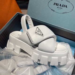 Prada ของแท้ 100% รองเท้าแตะลําลอง พื้นหนา สไตล์โรมัน สําหรับสตรี