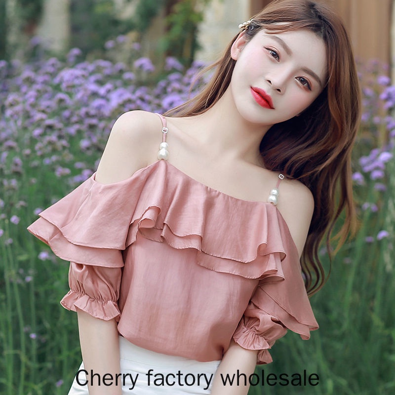 ใหม่ เสื้อเปิดไหล่ข้างเดียว ผ้าชีฟอง แต่งระบาย เซ็กซี่ สีม่วง สีชมพู แฟชั่นสําหรับผู้หญิง