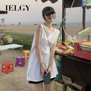 IELGY  เสื้อยืดแขนกุด แจ๊กเก็ตผู้หญิง ออกแบบเฉพาะด้านใน สีขาว ย้อนยุค ผ่าข้าง ยาว เสื้อกีฬา