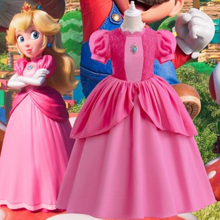 COOL The Super Mario Bros Princess Peach Cosplay Dress Bubble Sleeve Long Curly Wig For Girls Carnival Halloween Party