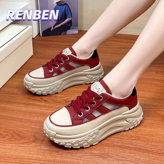 RENBEN รองเท้าส้นเตี้ยสีขาวสําหรับผู้หญิงฤดูร้อนใหม่เวอร์ชั่นเกาหลีนักเรียนรองเท้าผ้าใบลําลองหนา soled ระบายอากาศได้ดี