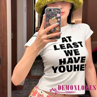 Demonlores- เสื้อยืดลําลอง แขนสั้น คอกลม พิมพ์ลายตัวอักษร สไตล์เกาหลี สําหรับสตรี