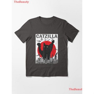 YJOเสื้อยืดโอเวอร์ไซส์ใหม่ แมว น่าสนใจ น่ารัก Vintage Catzilla Japanese Sunset Style Cat Kitten Lover Essential T-Shirt