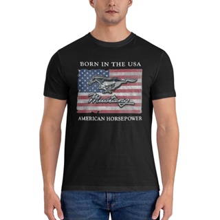 เสื้อยืด ผ้าฝ้าย พิมพ์ลายกราฟิก Honesty Ford Mustang Born In The Usa American Horsepower สําหรับผู้ชาย