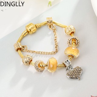 Dinglly สีทอง หัวใจ เสน่ห์ สร้อยข้อมือ สําหรับผู้หญิง Diy โคเฮอร์ ลูกปัด เสน่ห์ สร้อยข้อมือ