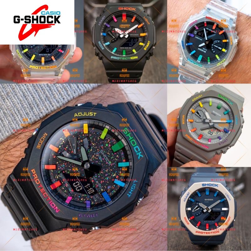 G*/@shock GA-2100 นาฬิกาสปอร์ต Skeleton Rainbow Black นาฬิกาผู้หญิงนาฬิกาดิจิตอลแฟชั่นเรซิ่นสายนาฬิก