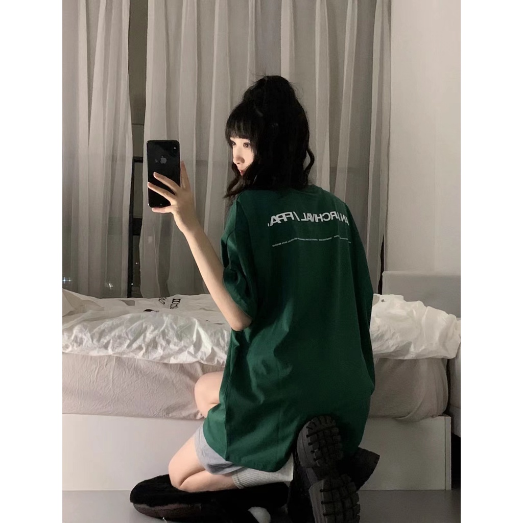 เสื้อยืดคอกลม แขนสั้น พิมพ์ลายตัวอักษร สีเขียวเข้ม สไตล์เกาหลี ลดอายุ สุดเท่ เหมาะกับฤดูร้อน 2023