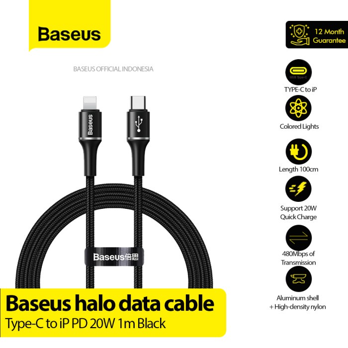 Baseus Halo LED 20W 1M Nylon USB C to Lightning สายชาร์จ Iphone
