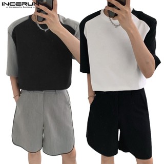 Incerun ชุดแผงคอนทราสต์ สองชิ้น แฟชั่นสําหรับผู้ชาย
