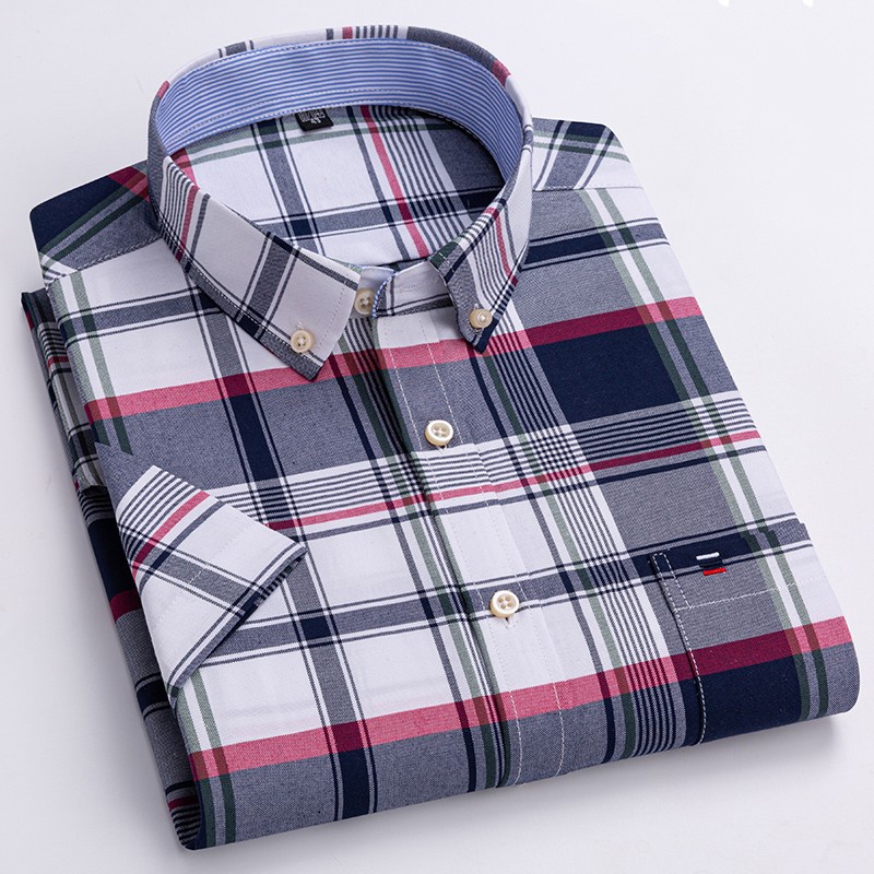 เสื้อเชิ้ตแขนสั้นลําลอง ผ้าฝ้าย 100% ลายสก๊อต พลัสไซซ์ สําหรับผู้ชาย ไซซ์ 7xl