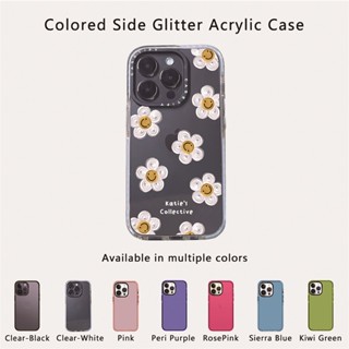 Casetify X White Daisy Side Glitter Green Purple Blue RosePink Clear Sideband Font Casing Apple IPhone 12 13 14 Pro Max Impact Hard อะคริลิคใสด้านหลัง TPU เคสพร้อมกล่อง