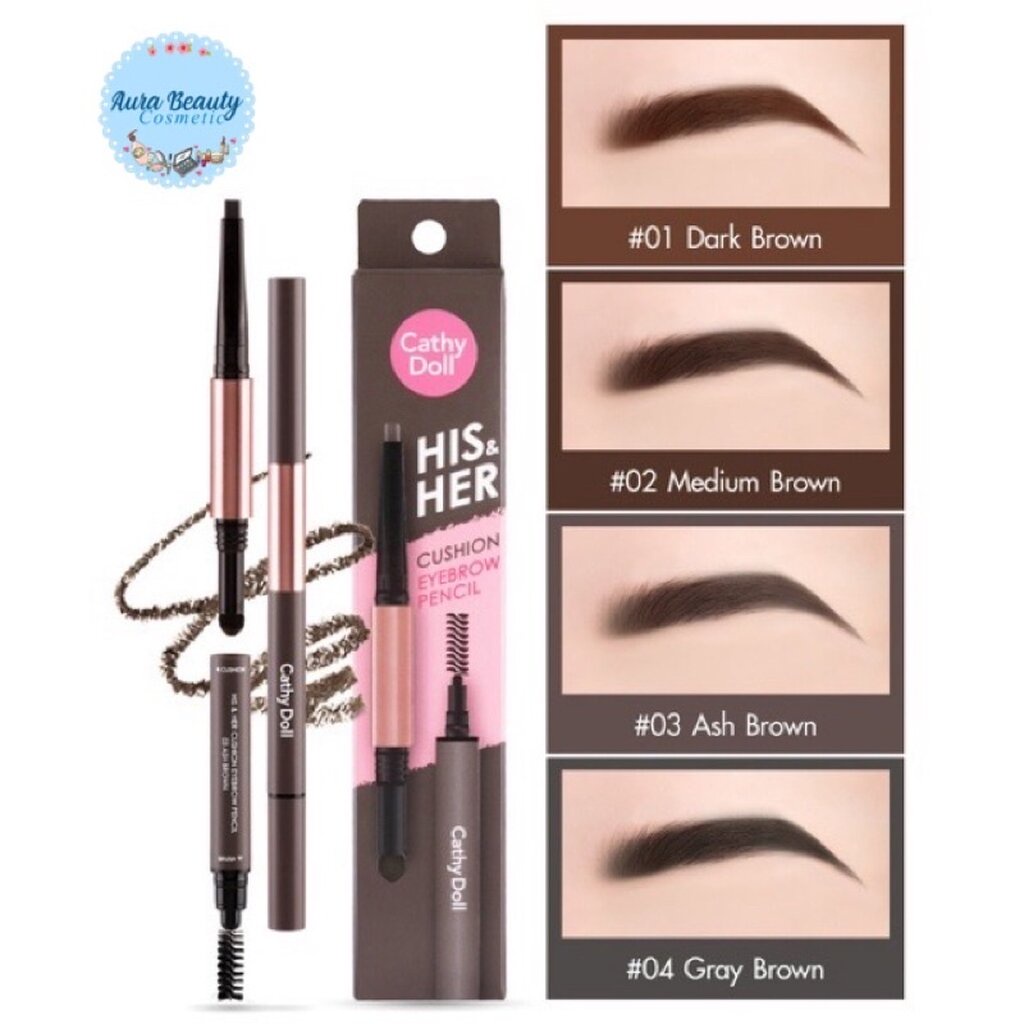 เคที่ดอลล์ 3in1 ดินสอเขียนคิ้ว ออโต้ กันน้ำ + หัวคุชชั่น 0.16g+0.4g Cathy Doll His & Her Cushion Eyebrow Pencil