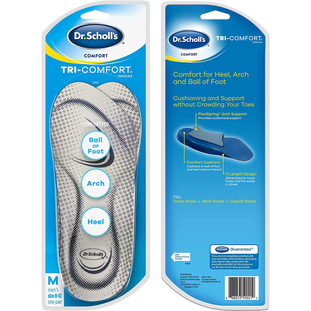  Tri-Comfort Insoles for Ball of Foot, Arch and Heel 1 Pair Men's Size 8-12 แผ่นรอง รองเท้า แผ่นเสริมส้น