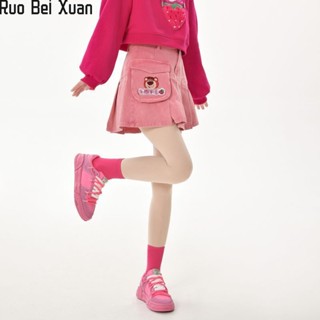 Ruo Bei Xuan ผู้หญิงใหม่สตรอเบอร์รี่หมีกระโปรงยีนส์ออกแบบความรู้สึกเฉพาะเอวสูงกระโปรง A-line บางจีบ