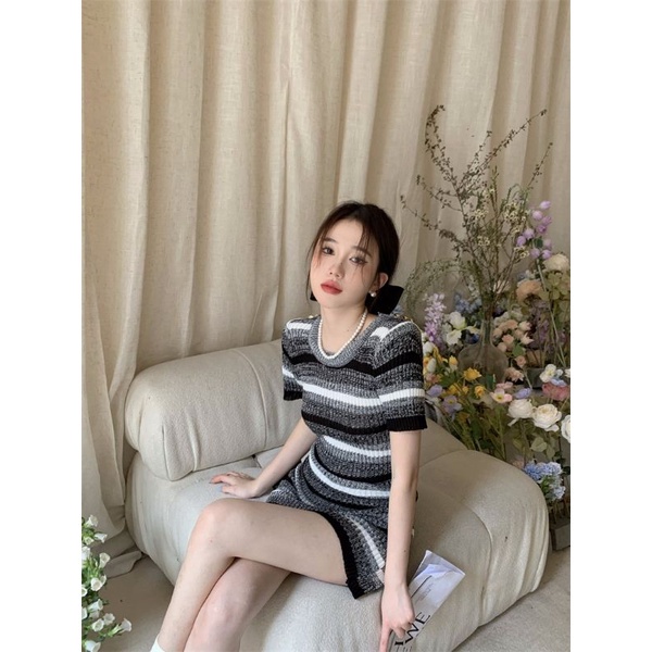 Elves✨พร้อมส่ง✨  ชุดเดรสไหมพรม แขนสั้นยืดตามตัว คอกลม ลายทาง ~67CX06~ -C - รูปที่ 5