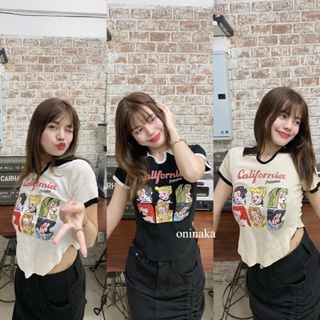 Oninaka เสื้อครอปคอปก เสื้อยืดไหมพรม ลายการ์ตูน รุ่นใหม่ พร้อมส่ง 89072#