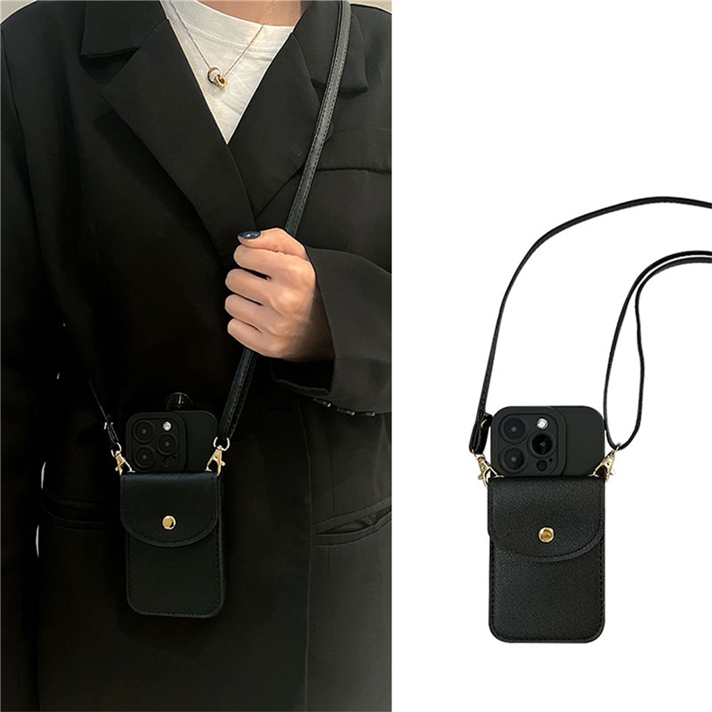 หรูหราcrossbody Lanyardสร้อยคอหนังผู้ถือบัตรเหรียญPursสีดําสําหรับiPhone 13 14 15 16 Pro Max X XS XR Max Cover