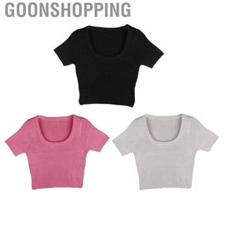 Goonshopping Knit Short Sleeve Top  Pure Color Short Sleeve Knitted T Shirt Loose Neckline Stretchy  Fit  for Daily