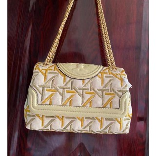 Tory Burch Fleming กระเป๋าสะพายไหล่ ผ้าแคนวาส หนัง พร้อมสายโซ่คล้อง