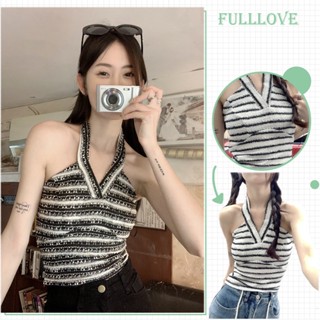 Fulllove Y2K เสิ้อกล้ามไหมพรม สายเดี่ยวผูกคอโชว์หลัง สายเดี่ยว เสื้อไหมพรม สไตล์เกาหลีเซ็กซี่ crop top