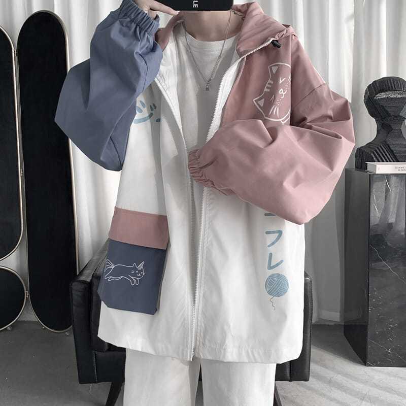 เสื้อคลุมแขนยาว มีฮู้ด เสื้อแจ็คเก้ตผ้าร่มOversize (สีชมพู/สีฟ้า)มีกระเป๋าและซิปหน้า Jacket รุ่นขนาด M-2XL