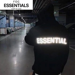 Essentials เสื้อจัมเปอร์ลําลอง ผ้าฝ้าย 100% มีฮู้ด สะท้อนแสง สีดํา เรียบง่าย แฟชั่น สําหรับเล่นกีฬา ทุกเพศ