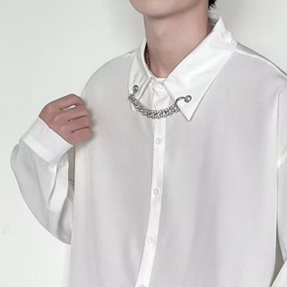 เสื้อเชิ้ตแขนยาว ทรงหลวม แต่งสายโซ่ สีขาว แฟชั่นฤดูใบไม้ผลิ และฤดูใบไม้ร่วง สไตล์ฮิปฮอป สําหรับผู้ชาย 2023