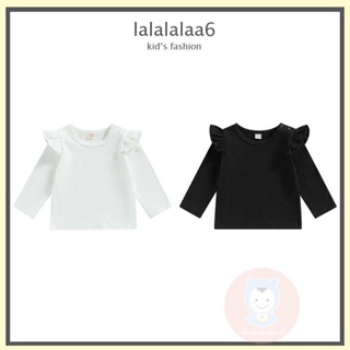 Laa6- เสื้อยืดแขนยาว คอกลม แต่งระบาย สีพื้น สําหรับเด็กผู้หญิง