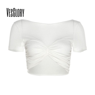 Vesglory เสื้อยืด คอยู แขนสั้น เปิดไหล่ข้างเดียว สีพื้น เซ็กซี่ แฟชั่นสําหรับผู้หญิง