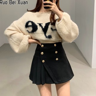 Ruo Bei Xuan เสื้อสเวตเตอร์แขนยาวทรงทรัมเป็ตสไตล์เกาหลีสําหรับผู้หญิง