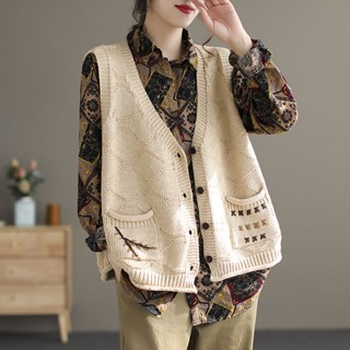 เสื้อกันหนาวคนแก่ ✵เสื้อคาร์ดิแกนถักคอวีแนวเรโทร ทรงหลวม แขนกุด มี 5 สี