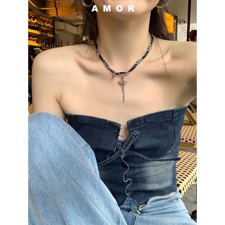 Vivienne westwood Y2K Saturn จี้พู่สร้อยคอผู้หญิงหรูหราโซ่หวานเย็นสไตล์สาวเผ็ด