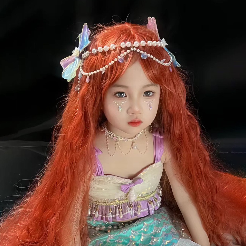 วิกผมยาวหยิก สีส้ม คอสเพลย์ The Little Mermaid แบบเต็ม สําหรับเด็ก