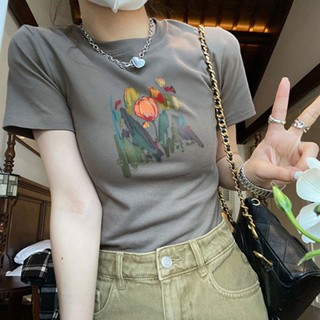 เสื้อยืดลําลอง คอกลม แขนสั้น พิมพ์ลาย ทรงสลิมฟิต เข้ากับทุกการแต่งกาย สําหรับสตรี