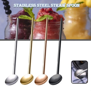 New Stainless Steel Drinking Straws Spoons Reusable Metal Stirring Spoon Straw