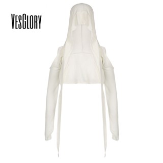 Vesglory เสื้อยืดลําลอง แขนยาว มีฮู้ด เข้ารูป สีพื้น แฟชั่นสําหรับสตรี 2023