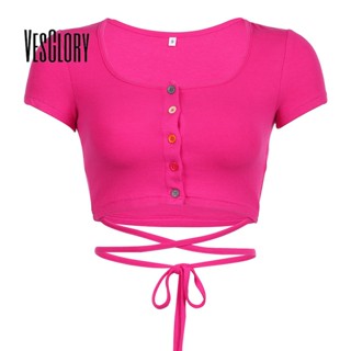 Vesglory เสื้อครอปท็อป คอกลม แขนสั้น แต่งรูกลวง สีพื้น เซ็กซี่ แฟชั่นสําหรับสตรี 2023