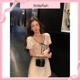 [littlefish] ชุดเดรสกระโปรง แขนพัฟ คอวี เอวแคบ ขนาดเล็ก สีขาว แฟชั่นฤดูร้อน สําหรับสตรี 2023