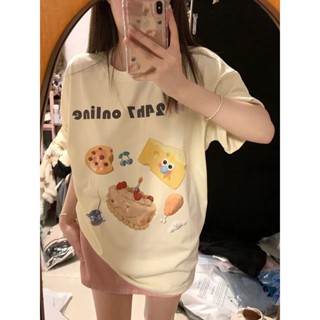 [พร้อมส่ง] เสื้อยืดแขนสั้น ผ้าฝ้าย 100% พิมพ์ลายการ์ตูน ทรงหลวม ขนาดใหญ่ สไตล์อเมริกัน เรโทร สําหรับผู้หญิง