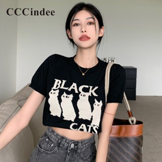 Cccindee เสื้อยืดคอกลม แขนสั้น พิมพ์ลายแมว ทรงหลวม แฟชั่นใหม่ สําหรับผู้หญิง 2023