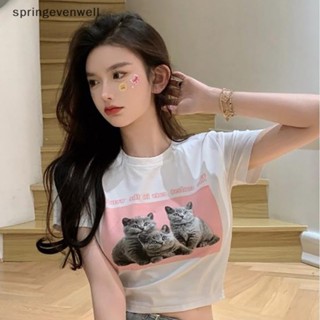 [springevenwell] ใหม่ พร้อมส่ง เสื้อยืดครอปท็อป คอกลม แขนสั้น พิมพ์ลายแมว สไตล์อเมริกัน ย้อนยุค เหมาะกับฤดูร้อน สําหรับผู้หญิง