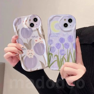 Cute Cartoon Oil painting Starry sky Tulip Rabbit Casing for iPhone 15 14 Pro Max 13 12 11 ProMax X XS XR 7 8 6 6S Plus SE 2020 ins Purple Cream Edge Flowers Soft Phone Case Cover NY 37
