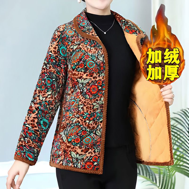 เสื้อแจ็กเก็ต ผ้าฟลีซ แบบหนา ขนาดเล็ก ลายดอกไม้ ทรงหลวม แฟชั่นฤดูใบไม้ร่วง และฤดูหนาว สําหรับผู้สูงอายุ