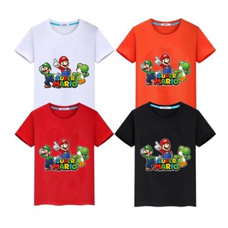 เสื้อยืดคอกลม แขนสั้น ผ้าฝ้าย 100% พิมพ์ลายการ์ตูน Super Mario สําหรับเด็กผู้ชาย และเด็กผู้หญิง